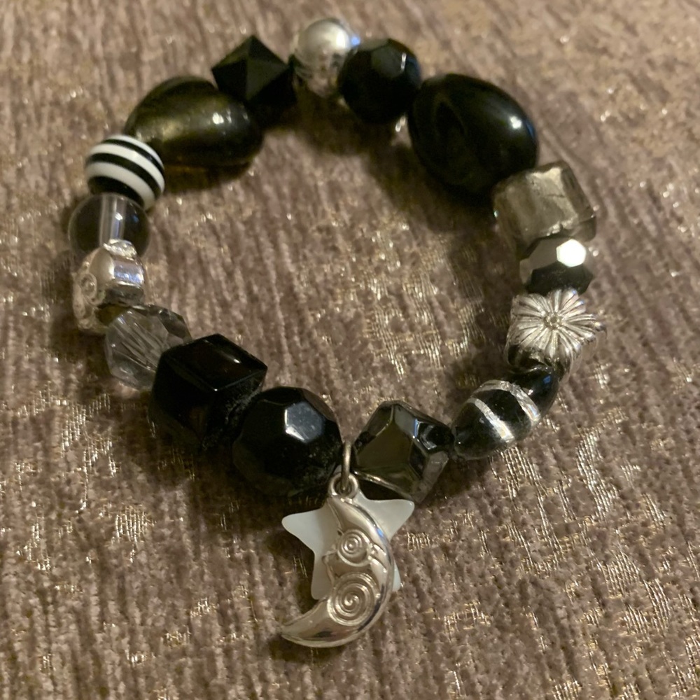 Stars and Moon Charm Beaded Bracelet, Black and White, Like New